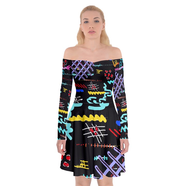 Funny Abstract Painting On Black Background Off Shoulder Skater Dress