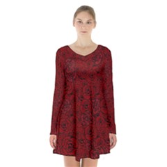 Red Roses Field Long Sleeve Velvet V-neck Dress by designworld65