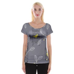 Cagr Bird Leaf Grey Yellow Women s Cap Sleeve Top by Mariart