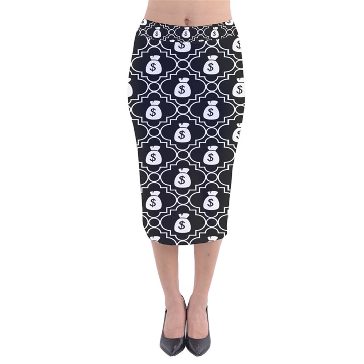 Dollar Money Bag Velvet Midi Pencil Skirt