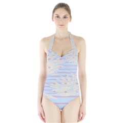 Flower Floral Sunflower Line Horizontal Pink White Blue Halter Swimsuit by Mariart