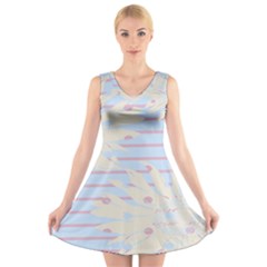 Flower Floral Sunflower Line Horizontal Pink White Blue V-neck Sleeveless Skater Dress by Mariart