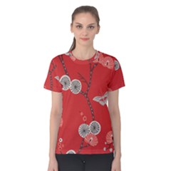 Dandelions Red Butterfly Flower Floral Women s Cotton Tee