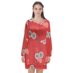 Dandelions Red Butterfly Flower Floral Long Sleeve Chiffon Shift Dress  by Mariart