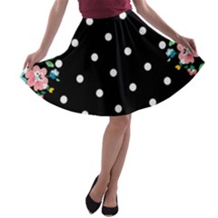 Flower Frame Floral Polkadot White Black A-line Skater Skirt by Mariart