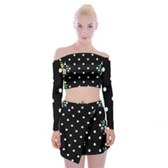 Flower Frame Floral Polkadot White Black Off Shoulder Top With Skirt Set by Mariart