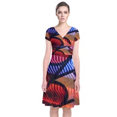 Graphic Shapes Experimental Rainbow Color Short Sleeve Front Wrap Dress by Mariart