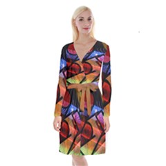 Graphic Shapes Experimental Rainbow Color Long Sleeve Velvet Front Wrap Dress