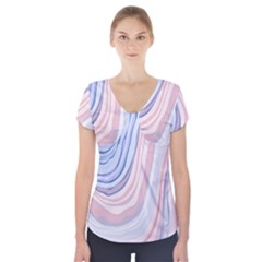 Marble Abstract Texture With Soft Pastels Colors Blue Pink Grey Short Sleeve Front Detail Top