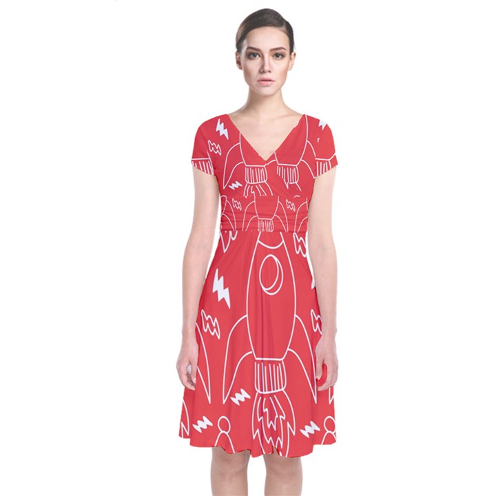 Moon Red Rocket Space Short Sleeve Front Wrap Dress