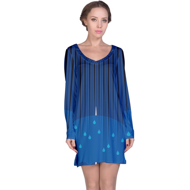 Rain Blue Sky Water Black Line Long Sleeve Nightdress