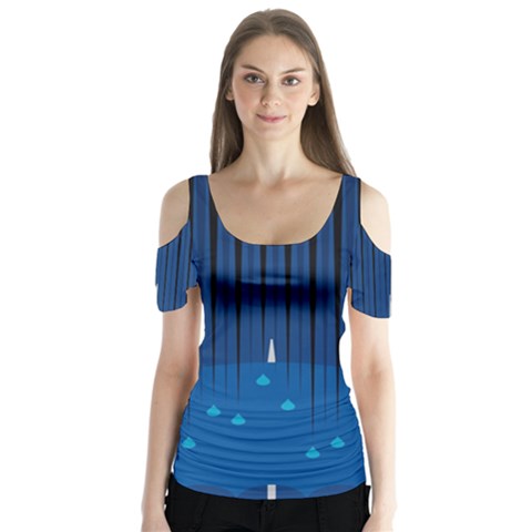 Rain Blue Sky Water Black Line Butterfly Sleeve Cutout Tee  by Mariart