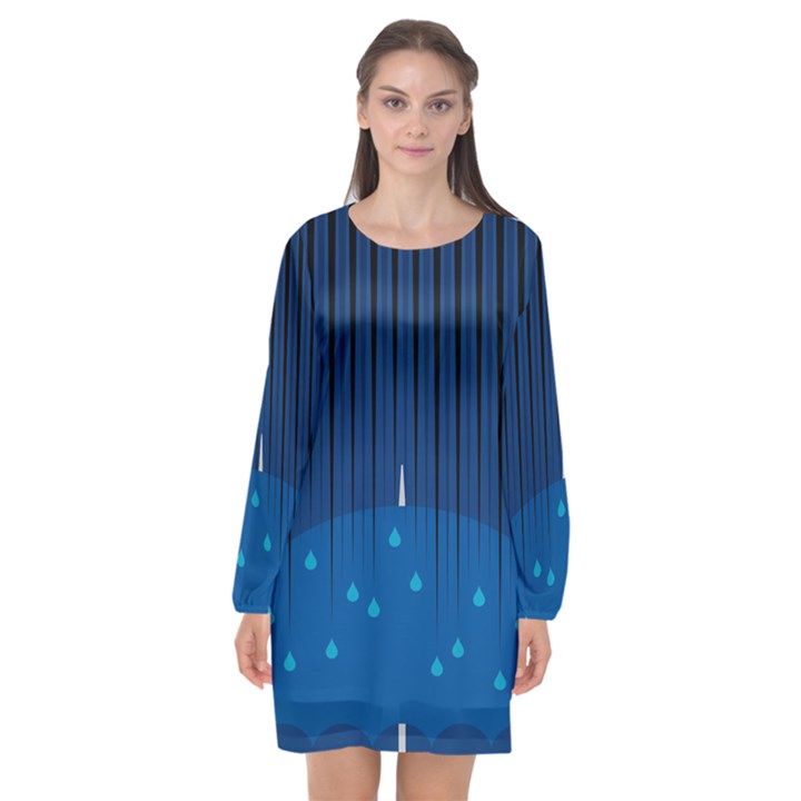 Rain Blue Sky Water Black Line Long Sleeve Chiffon Shift Dress 