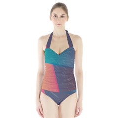 Modern Minimalist Abstract Colorful Vintage Adobe Illustrator Blue Red Orange Pink Purple Rainbow Halter Swimsuit by Mariart