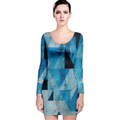 Plane And Solid Geometry Charming Plaid Triangle Blue Black Long Sleeve Velvet Bodycon Dress by Mariart