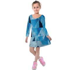 Plane And Solid Geometry Charming Plaid Triangle Blue Black Kids  Long Sleeve Velvet Dress by Mariart