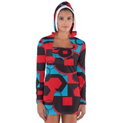 Stancilm Circle Round Plaid Triangle Red Blue Black Women s Long Sleeve Hooded T-shirt by Mariart