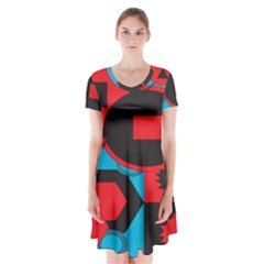 Stancilm Circle Round Plaid Triangle Red Blue Black Short Sleeve V-neck Flare Dress