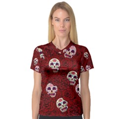 Funny Skull Rosebed Women s V-neck Sport Mesh Tee