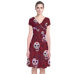 Funny Skull Rosebed Short Sleeve Front Wrap Dress by designworld65