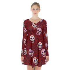 Funny Skull Rosebed Long Sleeve Velvet V-neck Dress by designworld65