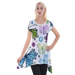 Butterfly Animals Fly Purple Green Blue Polkadot Flower Floral Star Short Sleeve Side Drop Tunic by Mariart