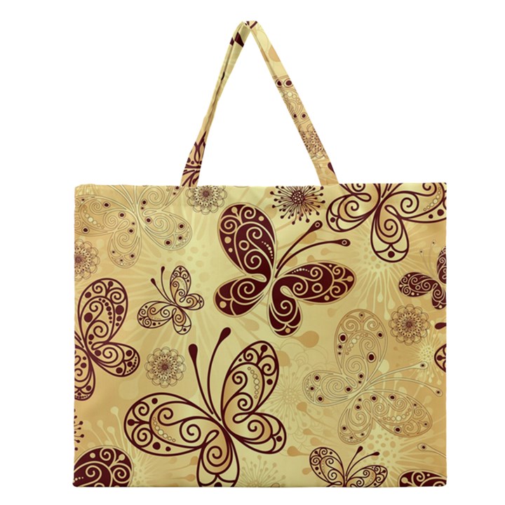 Butterfly Animals Fly Purple Gold Polkadot Flower Floral Star Sunflower Zipper Large Tote Bag