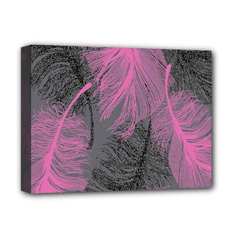 Feathers Quill Pink Grey Deluxe Canvas 16  X 12   by Mariart