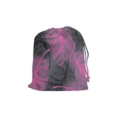 Feathers Quill Pink Grey Drawstring Pouches (medium)  by Mariart