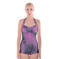 Feathers Quill Pink Grey Boyleg Halter Swimsuit  by Mariart