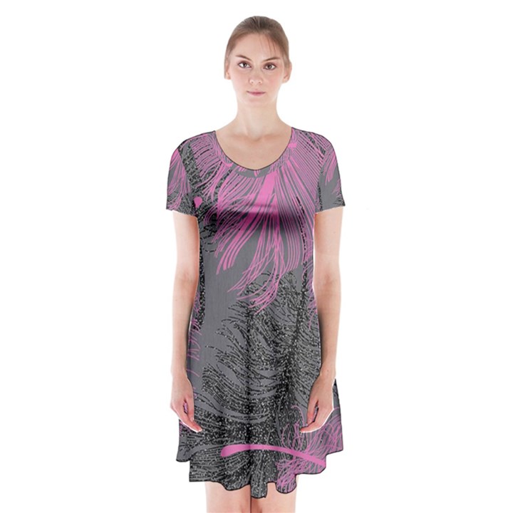 Feathers Quill Pink Grey Short Sleeve V-neck Flare Dress