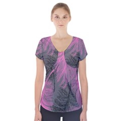 Feathers Quill Pink Grey Short Sleeve Front Detail Top by Mariart