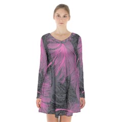 Feathers Quill Pink Grey Long Sleeve Velvet V-neck Dress by Mariart