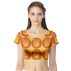 Cute Lion Face Orange Yellow Animals Short Sleeve Crop Top (tight Fit) by Mariart