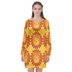 Cute Lion Face Orange Yellow Animals Long Sleeve Chiffon Shift Dress  by Mariart