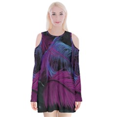 Feathers Quill Pink Black Blue Velvet Long Sleeve Shoulder Cutout Dress by Mariart