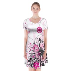 Wreaths Frame Flower Floral Pink Black Short Sleeve V-neck Flare Dress by Mariart