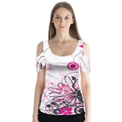 Wreaths Frame Flower Floral Pink Black Butterfly Sleeve Cutout Tee 