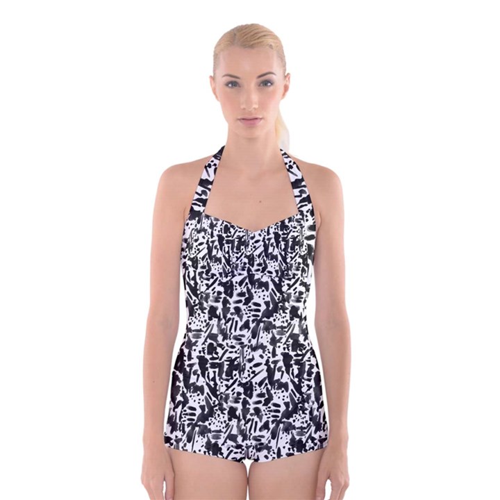 Deskjet Ink Splatter Black Spot Boyleg Halter Swimsuit 