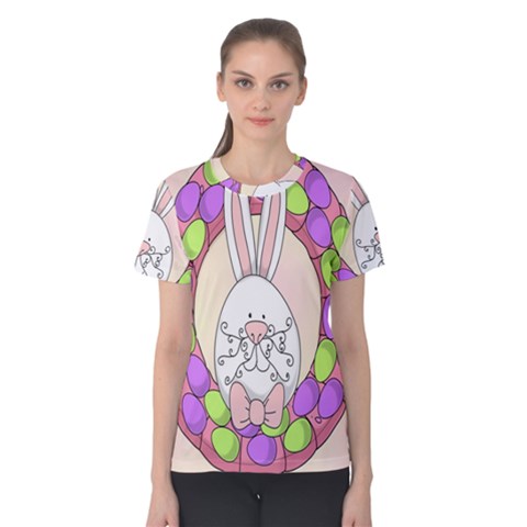 Make An Easter Egg Wreath Rabbit Face Cute Pink White Women s Cotton Tee by Mariart