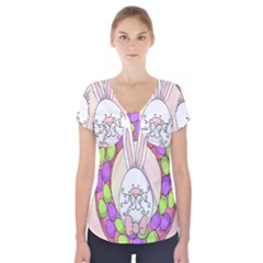 Make An Easter Egg Wreath Rabbit Face Cute Pink White Short Sleeve Front Detail Top by Mariart