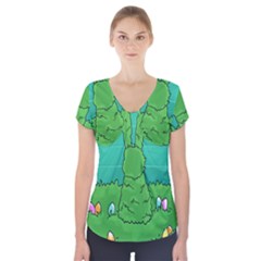 Rabbit Easter Green Blue Egg Short Sleeve Front Detail Top by Mariart