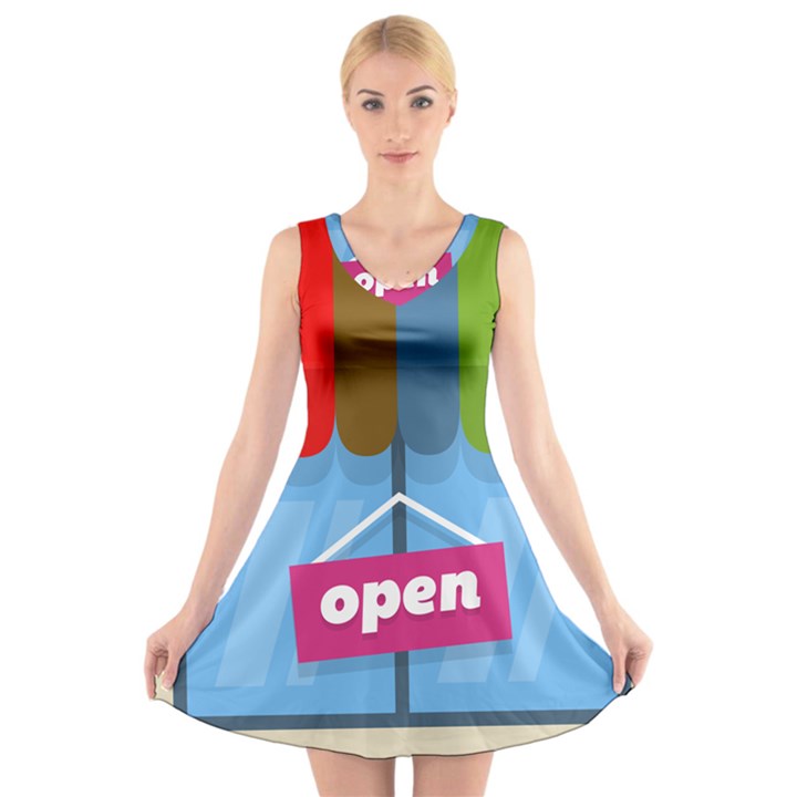 Store Open Color Rainbow Glass Orange Red Blue Brown Green Pink V-Neck Sleeveless Skater Dress