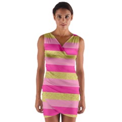 Pink Line Gold Red Horizontal Wrap Front Bodycon Dress by Mariart