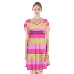 Pink Line Gold Red Horizontal Short Sleeve V-neck Flare Dress by Mariart