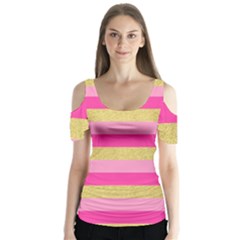 Pink Line Gold Red Horizontal Butterfly Sleeve Cutout Tee 