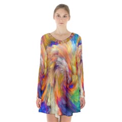 Rainbow Color Splash Long Sleeve Velvet V-neck Dress by Mariart