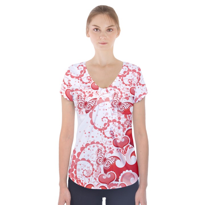 Love Heart Butterfly Pink Leaf Flower Short Sleeve Front Detail Top