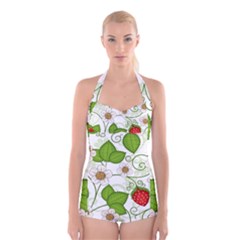 Strawberry Fruit Leaf Flower Floral Star Green Red White Boyleg Halter Swimsuit 