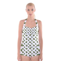 Leaves Motif Nature Pattern Boyleg Halter Swimsuit  by dflcprintsclothing